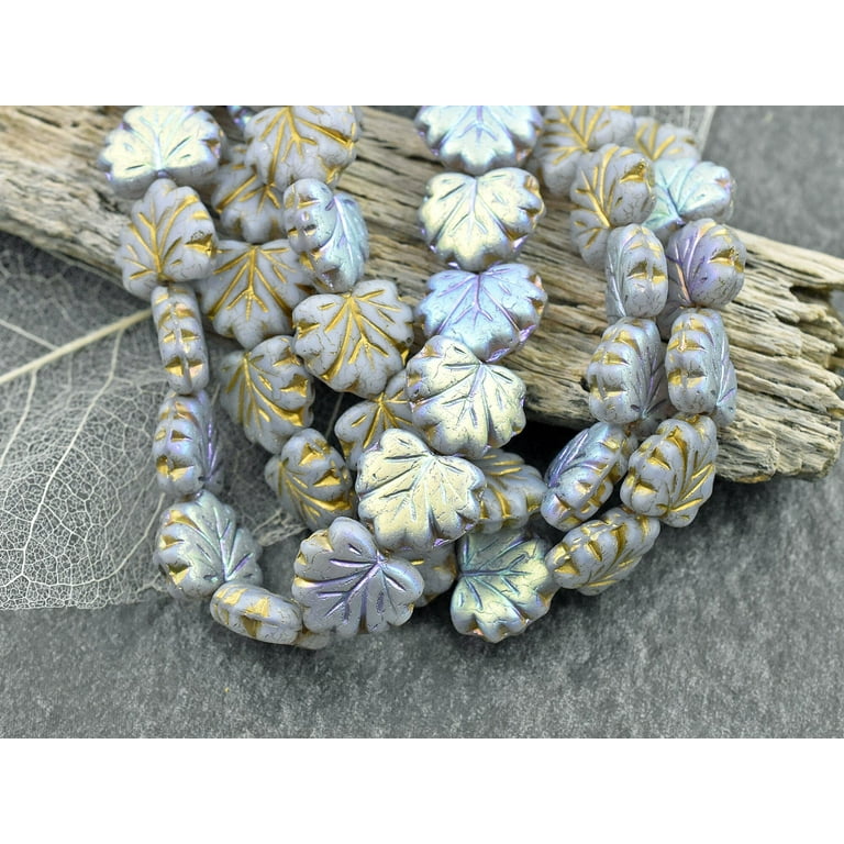 Sky Blue Maple Leaf Beads, 13mm, Matte, Ab Finish, Gold Wash, 20
