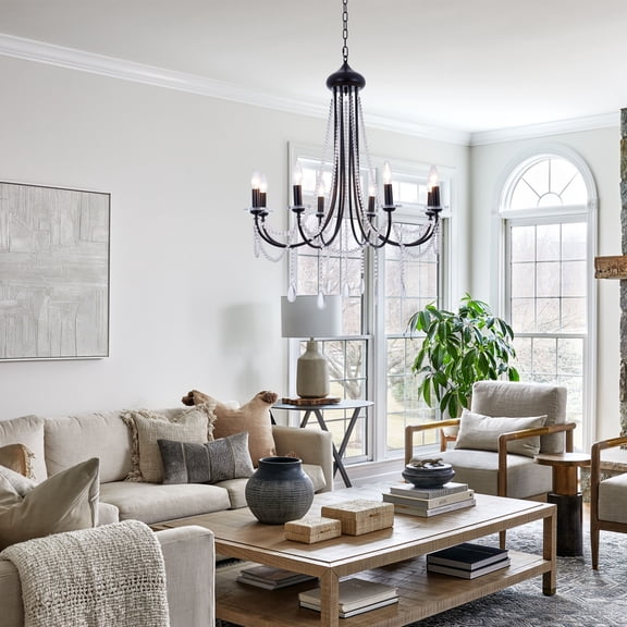 Modern Crystal Chandeliers, 8 Lights Black Farmhouse Chandelier for Dining Room Vintage Adjustable Hanging Pendant Lighting