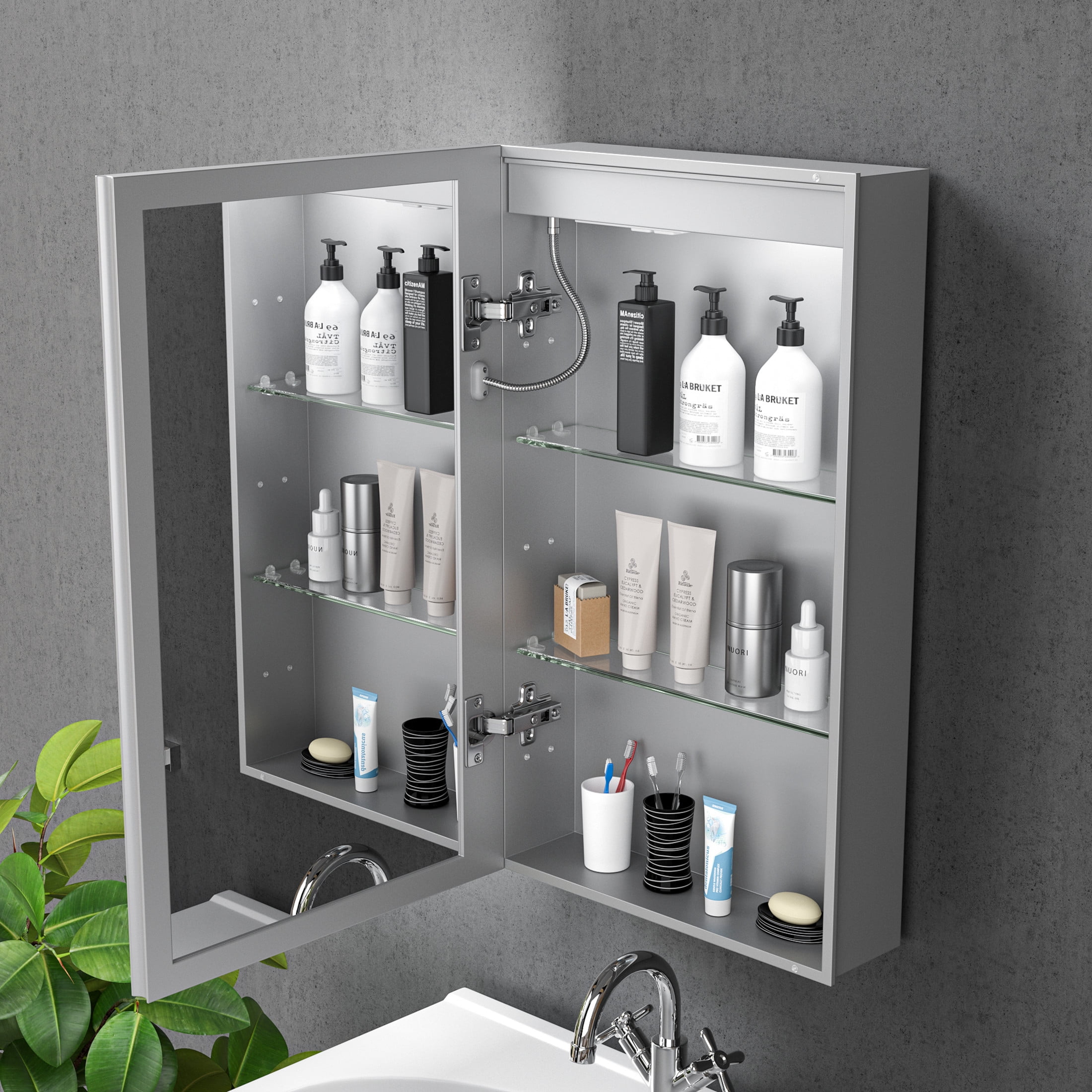 Noble House 16" x 26" LED Lighted Medicine Cabinet with Mirror, Adjustable Brightness, Recessed or Wall Mount, Silver