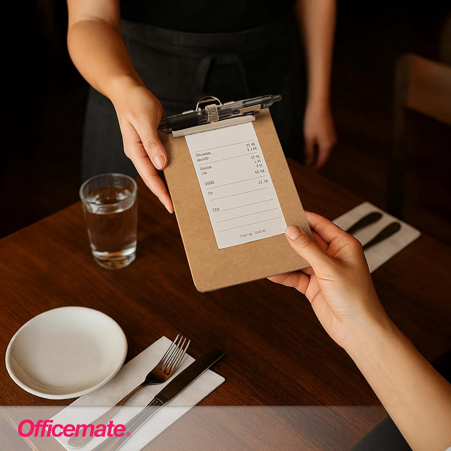 Officemate 5" x 9" Clipboard for Receipts, Low Profile Metal Clip & Pen Holder on Side, Memo Size for Restaurants, Hotels, Food Trucks, Bars, Schools, 12 Clipboards + 12 Pens (83159)
