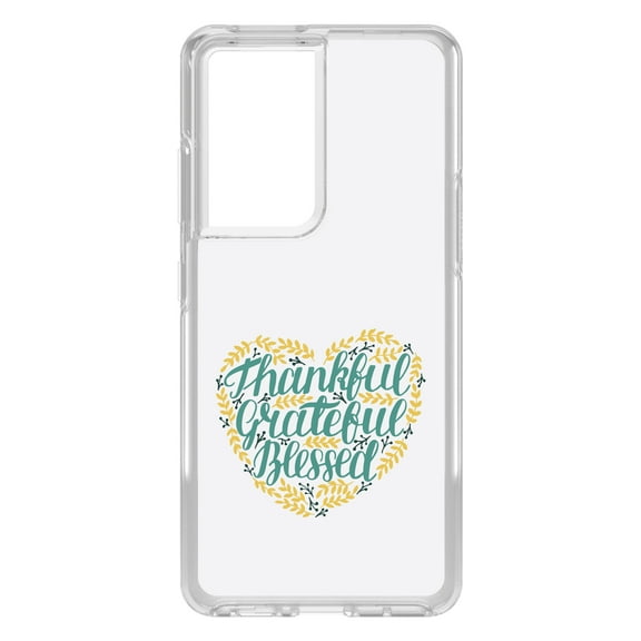 DistinctInk Clear Shockproof Hybrid Case for Galaxy S21 ULTRA 5G (6.8" Screen) - TPU Bumper, Acrylic Back, Tempered Glass Screen Protector - Thankful / Grateful / Blessed - Heart Flowers