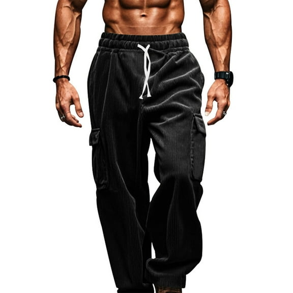 FEOYA Mens Corduroy Pants Male Baggy Cargo Sweatpants Casual Workout Joggers Straight Legs Drawstring Waist Track Trousers for Running Workout Athletic Sport Outdoor Hiking L Black