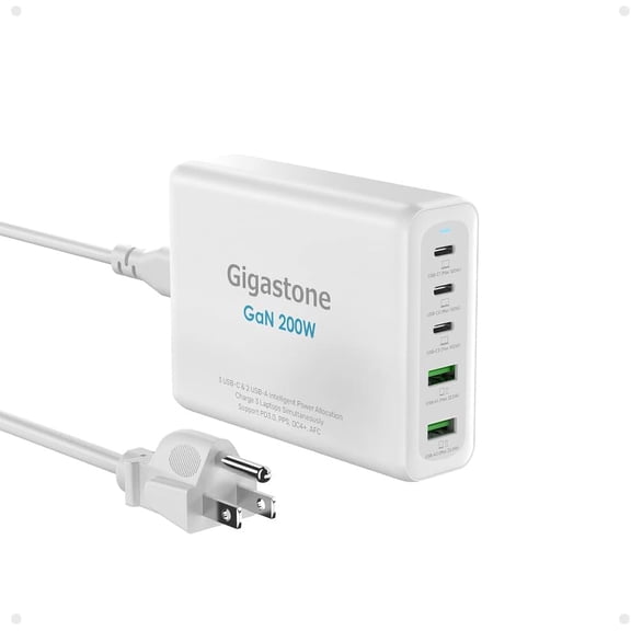 Gigastone [GaN III] 200W USB C Charger, compatible with Apple series , Fast Charging Charger, PPS GaN Charger 5-Port, 2 USB-A   3 USB-C Desktop Charger-PD-200W