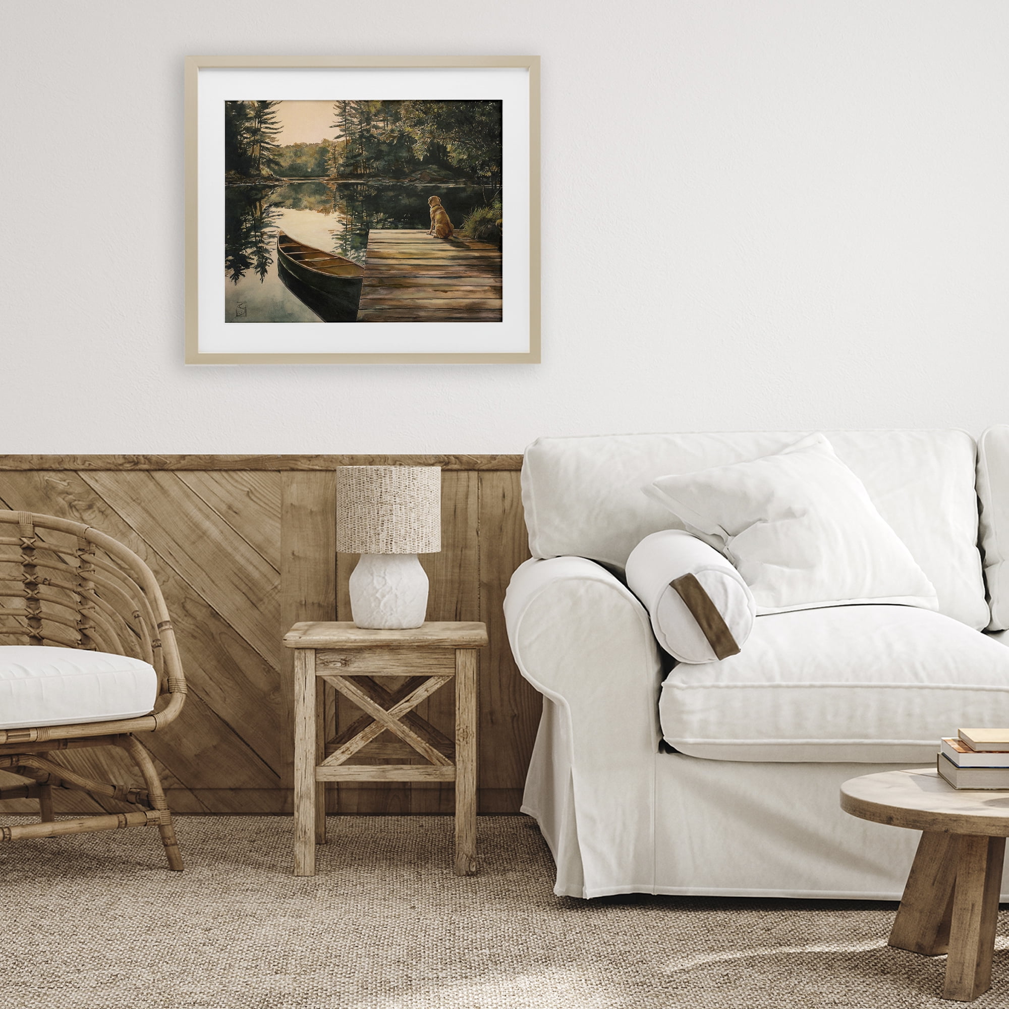 Lake Life at Sunset Birch Framed Print Under Glass, design by Sara Culpepper