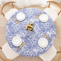 Round Fitted PEVA Vinyl Tablecloth with Elastic Edged & Flannel Backing, Waterproof Wipeable Round Table Cover for Indoor Outdoor Patio Use - Fits Tables up to 45"-52" Dia. (Blue Paisley)