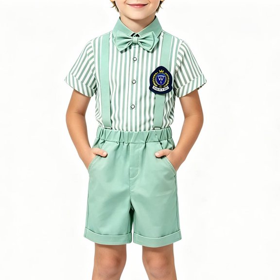 Boys Preppy Suspenders Shorts Set 5-Piece Formal Outfit with Bow Tie & Suspenders Green Summer Church Wedding Clothes for Kids,Size 2-3T