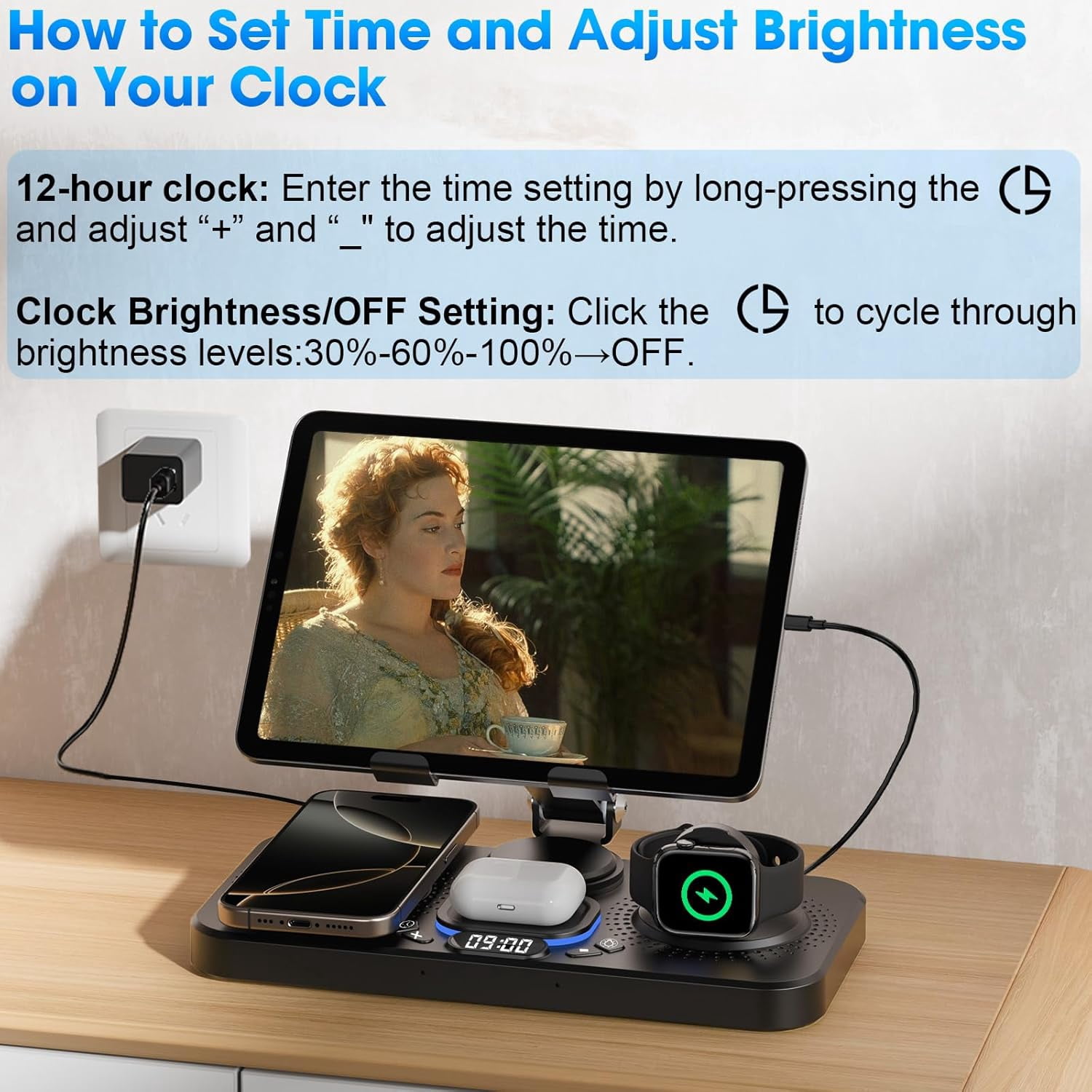 6 in 1 Wireless Charger for Apple Device, 30W Foldable Charging Station for ipad with Clock & 7 Color Ambient Light, Nightstand Wireless Charger for iPhone 16/15/14/iWatch Series/AirPods 4/3(Black)