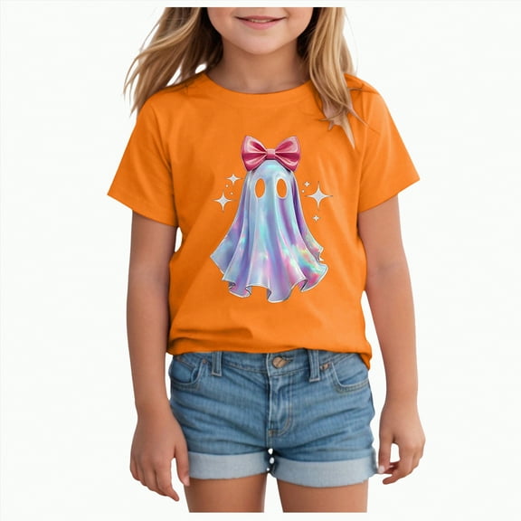 ORT Kids Halloween Shirt Boys Girls Pumpkin Face Ghost Monster Truck Graphic Tees Toddler Halloween Short Sleeve Tops(Orange,12-13 Y)