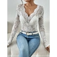 thumbnail image 4 of Lace Mesh Top for Women Long Sleeve V-Neck Sheer Blouse See Through Floral Lace Tops White M, 4 of 7