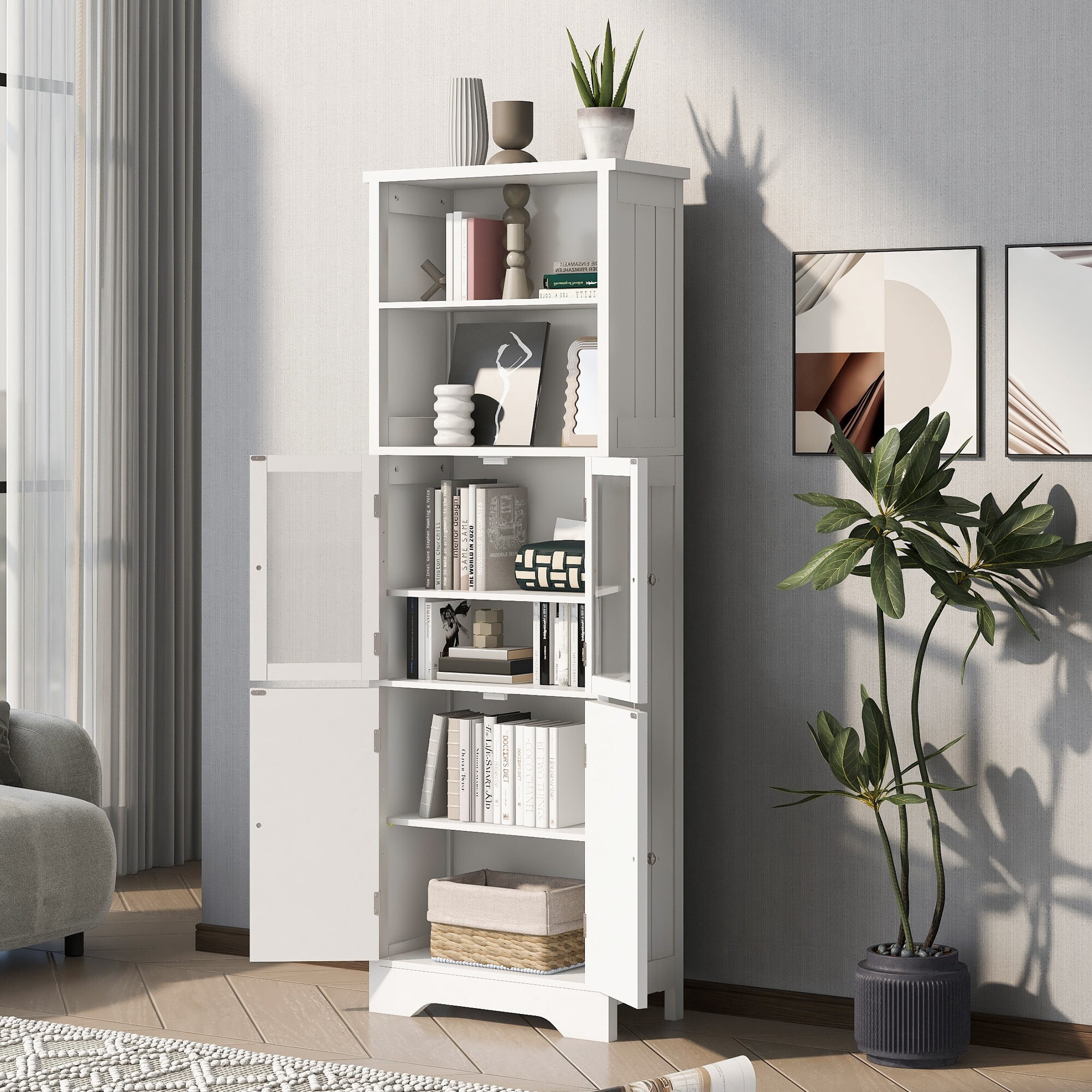 AENKYO Tall Storage Cabinet with Adjustable Shelves, Glass Doors, and Open Shelves, Bathroom or Kitchen, White