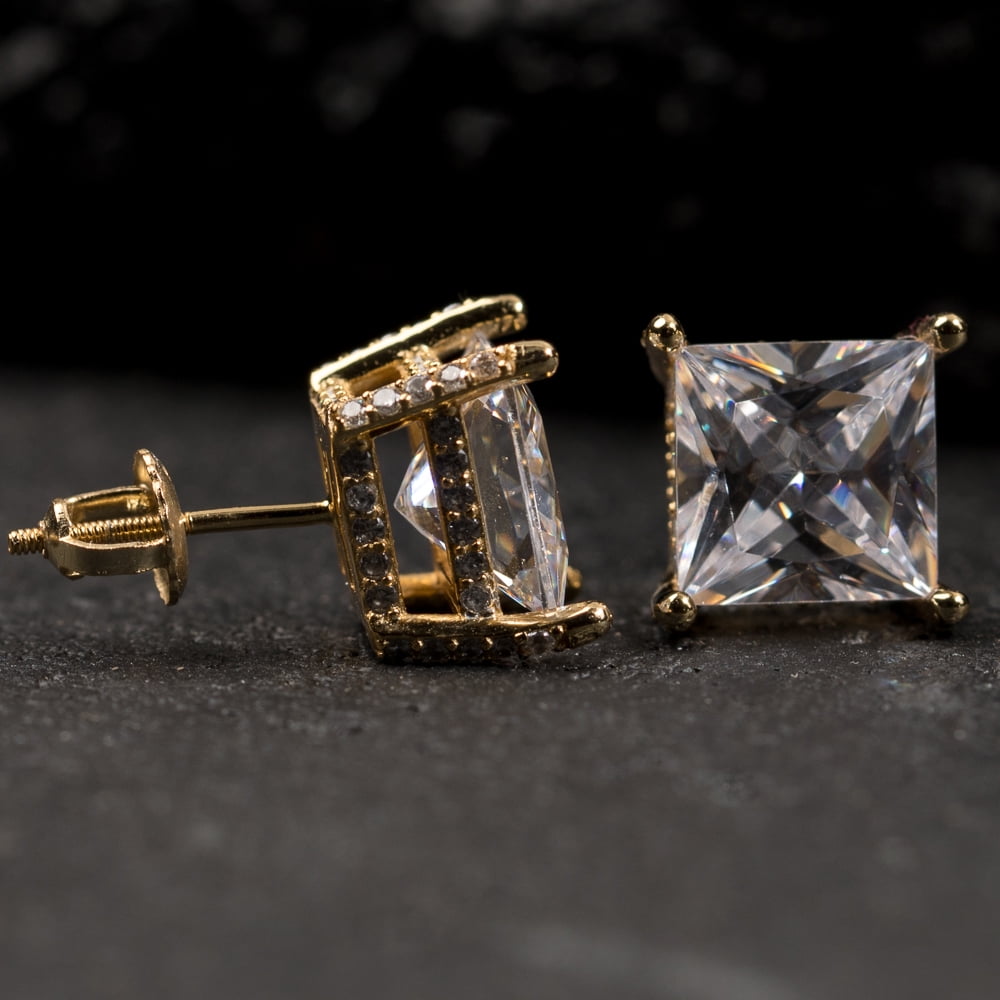 Men's Large Square Yellow Gold Plated 925 Sterling Silver 3D Unisex Iced 5A Cz Micro Pave Big Square Shape Princess Cut Hip Hop Screw Back Stud Earrings Jewelry Gifts For Men Women