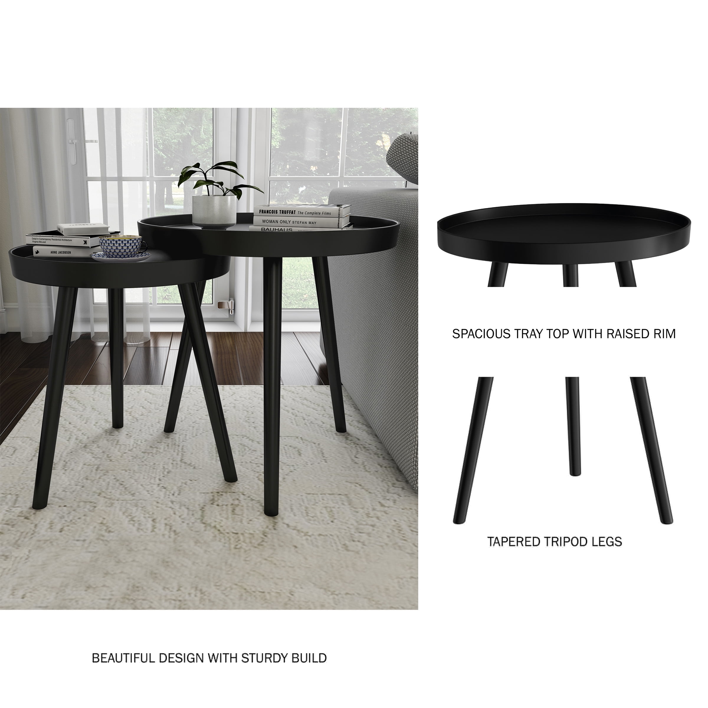 Nesting End Tables Circular Contemporary Decor by Lavish Home, Set of 2 (Black)