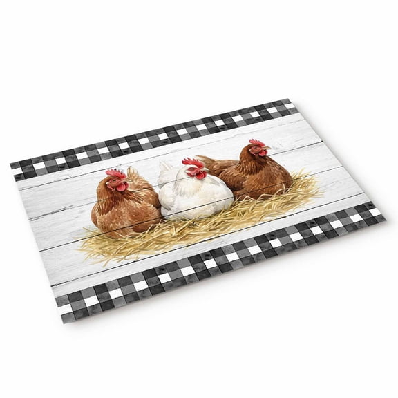 Hen Door Mat Vintage Farmhouse Hen Straw Wood Grain Black Plaid Non Slip Absorbent Entrance Mat Washable Low Profile Indoor Doormat for Front Door Entryway Entry 16"x24"