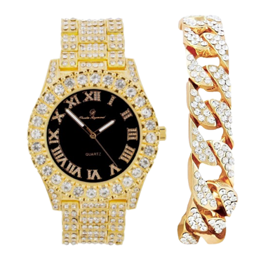 Charles Raymond Mens Silver Big Rocks with Roman Numerals Fully Iced Out Colorful Dial Watch w/Bling'ed Out Cuban Shiny Silver Bracelet - ST10327 RN Cuban (ST10327 Gld/Blk - C)