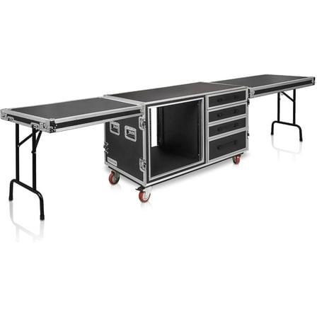 Sound Town Heavy-Duty 1/2“ (12mm) Plywood Shock Mount 12U Workstation Rack Case with 4 Drawers and 2 Tables for Customizable Stage and Studio Equipment Storage, Pro Tour Grade (STRC-SP12U4DT2)