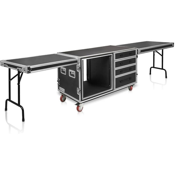 Sound Town Heavy-Duty 1/2“ (12mm) Plywood Shock Mount 12U Workstation Rack Case with 4 Drawers and 2 Tables for Customizable Stage and Studio Equipment Storage, Pro Tour Grade (STRC-SP12U4DT2)