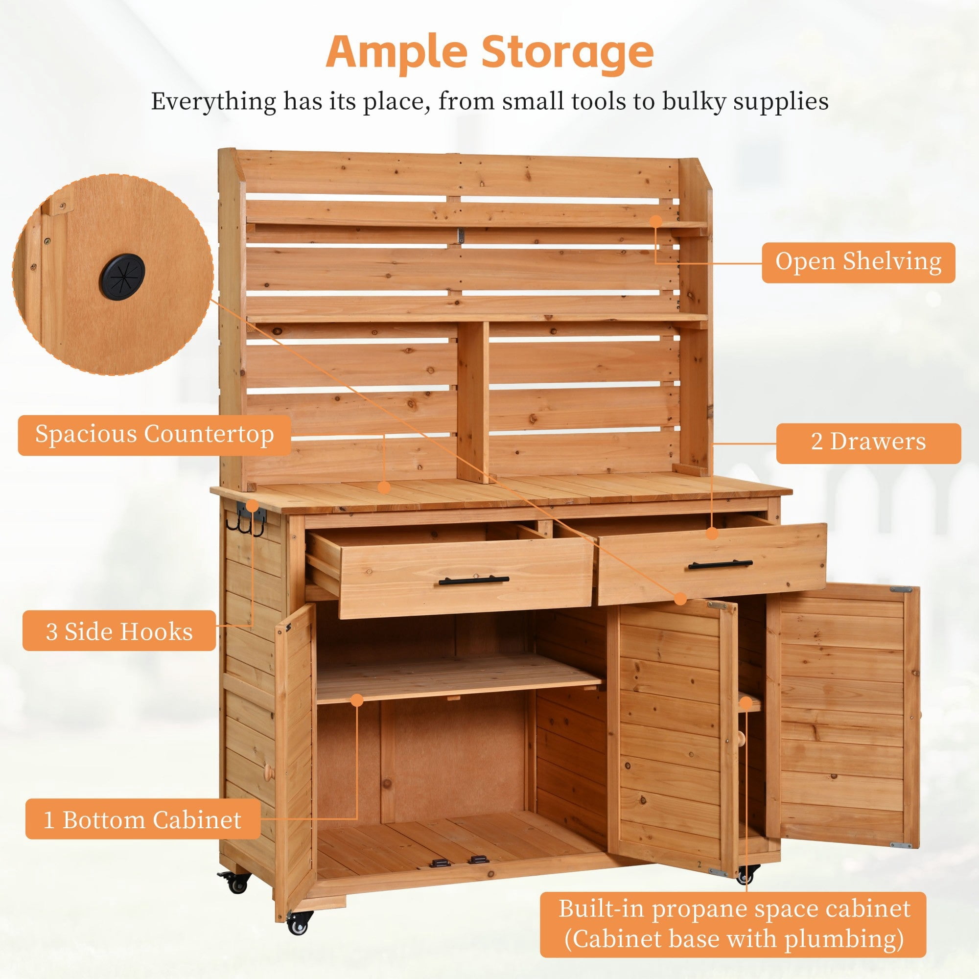Sailvan 65''H Wood Patio Kitchen Island & Garden Potting Bench,Outdoor Grill Prep Cart with Storage Cabinet,Hutch Top and Wheels Natural Wood