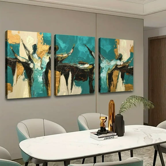 Shadudu Abstract Painting Teal and B_1 Canvas Wall Art Prints Home Decor 16x24in 3pc With Frame 16x24x3pcs