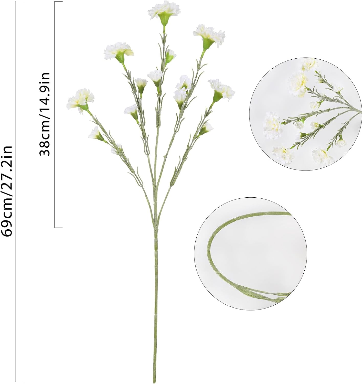 7.56in White Carnations Artificial Flowers 5heads Carnations Flowers Silk Flowers White Flowers Fake Flowers for Wedding Mother Home Office Decoration(White)