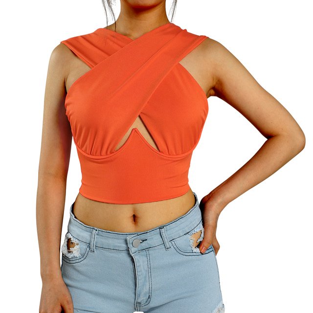 Camisetas sin mangas entrecruzadas para mujer, Tops sexis sin mangas con recortes de Color sólido en la parte delantera, ropa de calle para fiestas y discotecas, Tops con corpiño para mujer de verano Tan Jianjun unisex