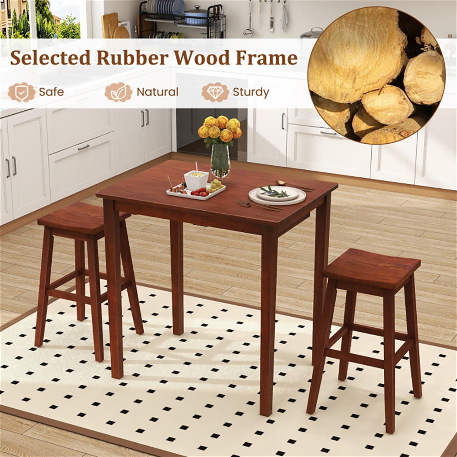 Demi Bonn 3-Piece Bar Table Set with Pub Table and 2 Saddle Stools, 35" Wooden Kitchen Dining Table Set, Perfect for Small Space, Brown