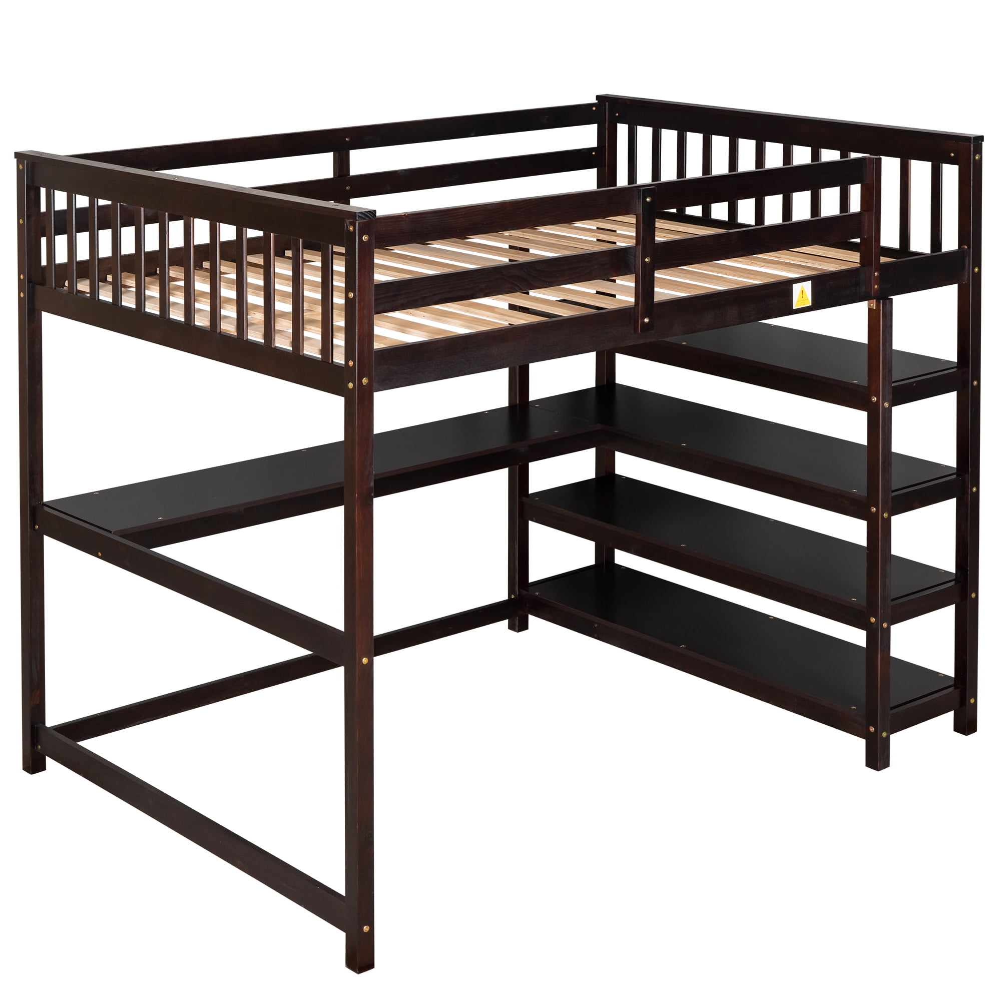Euroco Solid Wood Full Size Loft Bed with Desk and 4-Tier Storage Shelves for Kids Teens Adult Bedrrom, Espresso