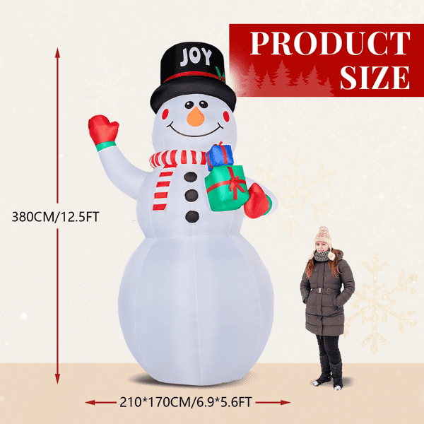 Giant 12FT Christmas Inflatable Snowman, 3 White LEDs + 1 Light Panel, Gift-Holding Waving Design, Weatherproof Polyester for Yard, Store, Indoor