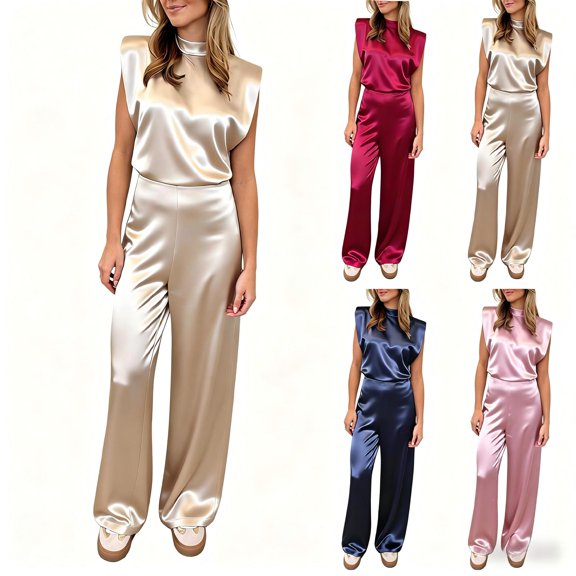 Tqcoqu Jumpsuits for Women Trendy Loose Cap Sleeves Backless Wide Leg Pants Jumpsuit Business Party Sets Clothes,Beige,Women's XS-XL