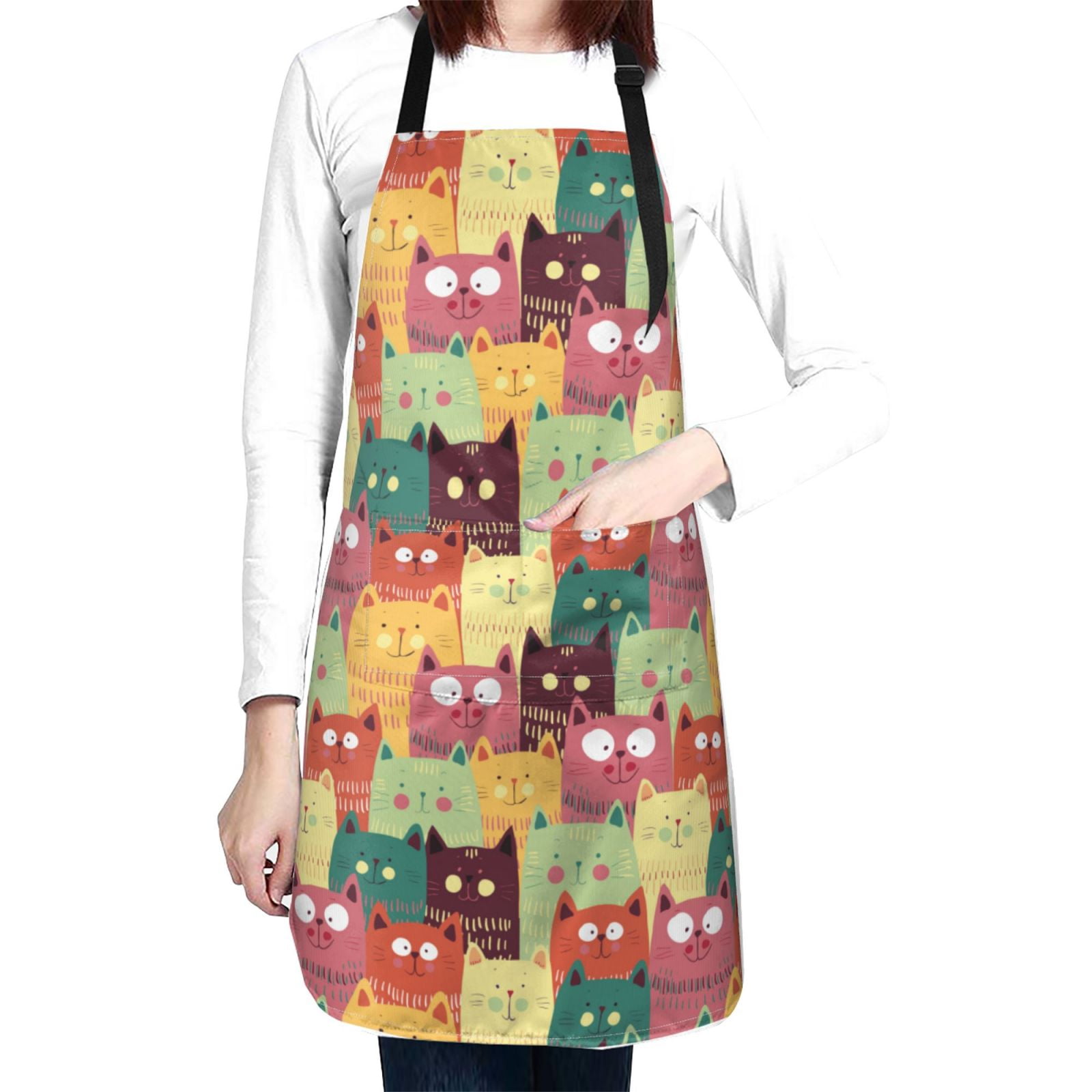 Kdxio Cute Cartoon Cat Apron with Pockets Adjustable Kitchen Aprons for Men Women Waterproof Aprons for Cooking,Drawing,Crafting, Baking Household Cleaning