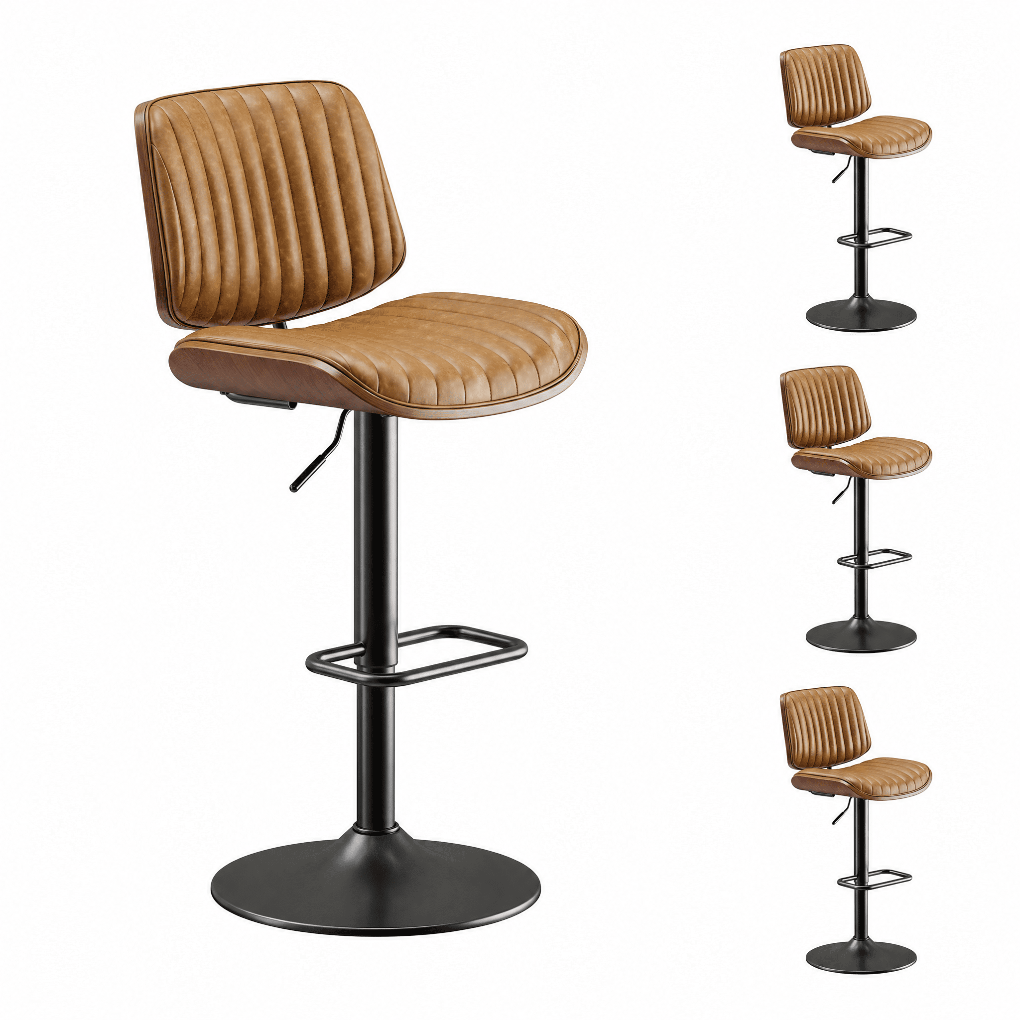 EOP Modern Upholstered Barstools Set of 4, Adjustable Height Counter Stools with Bentwood, Faux Leather Swivel Bar Stools with Metal Frame, Brown