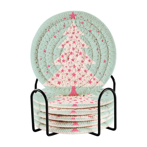 Starry Christmas Tree Coasters with Holder for Coffee Table 6 Pcs Drink Coaster Sets Absorbent for Home Decor 4 inch