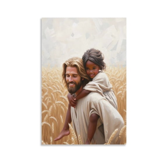 Christian Girl's Room Wall Art Jesus Christ And Black Girl Canvas Print Jesus And Black Child Poster Image Wall Art Poster Scroll Canvas Painting Picture Living Room Decor Home 12x18inch(30x45cm)