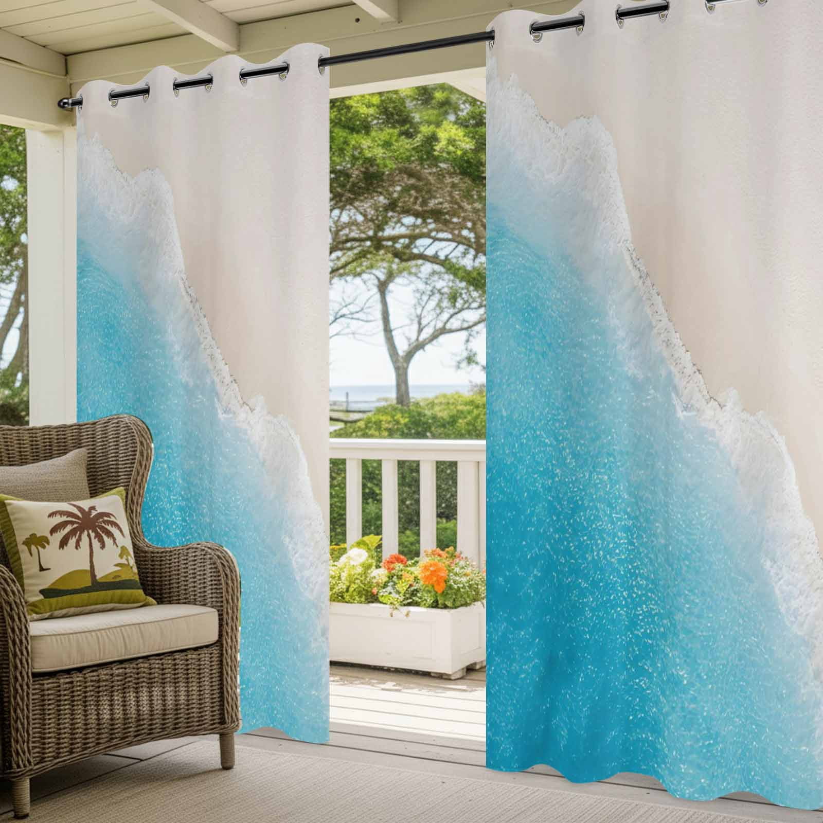 Summer Beaches Outdoor Curtains for Patio, Casual Oceans Artistic Sea Waves Coastal Landscape Sunshade Privacy Drapes Grommet Waterproof Outside Curtains for Porch/Cabana/Balcony 54"x 108", 1 Panel