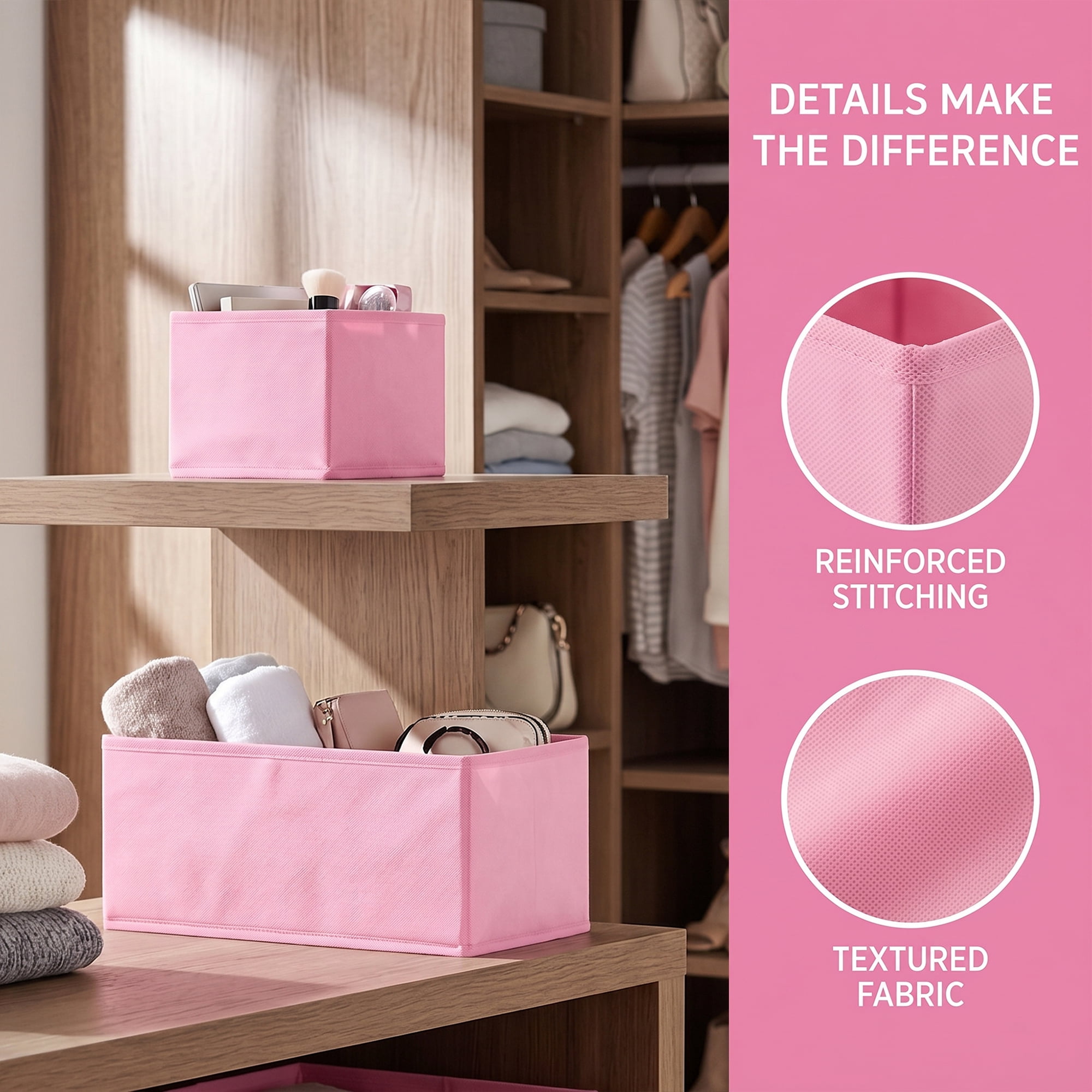 Unique Bargains Collapsible Storage Bin with Zipper for Shelves Closet Pink 3PCS