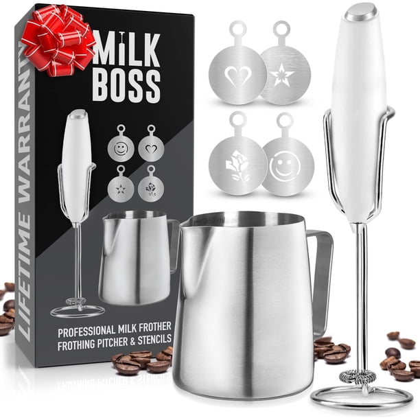 Juego Completo de Espumador de Leche Milk Boss Ultra Mejorado con Soporte en Mini Licuadora de Mano Milk Boss NA