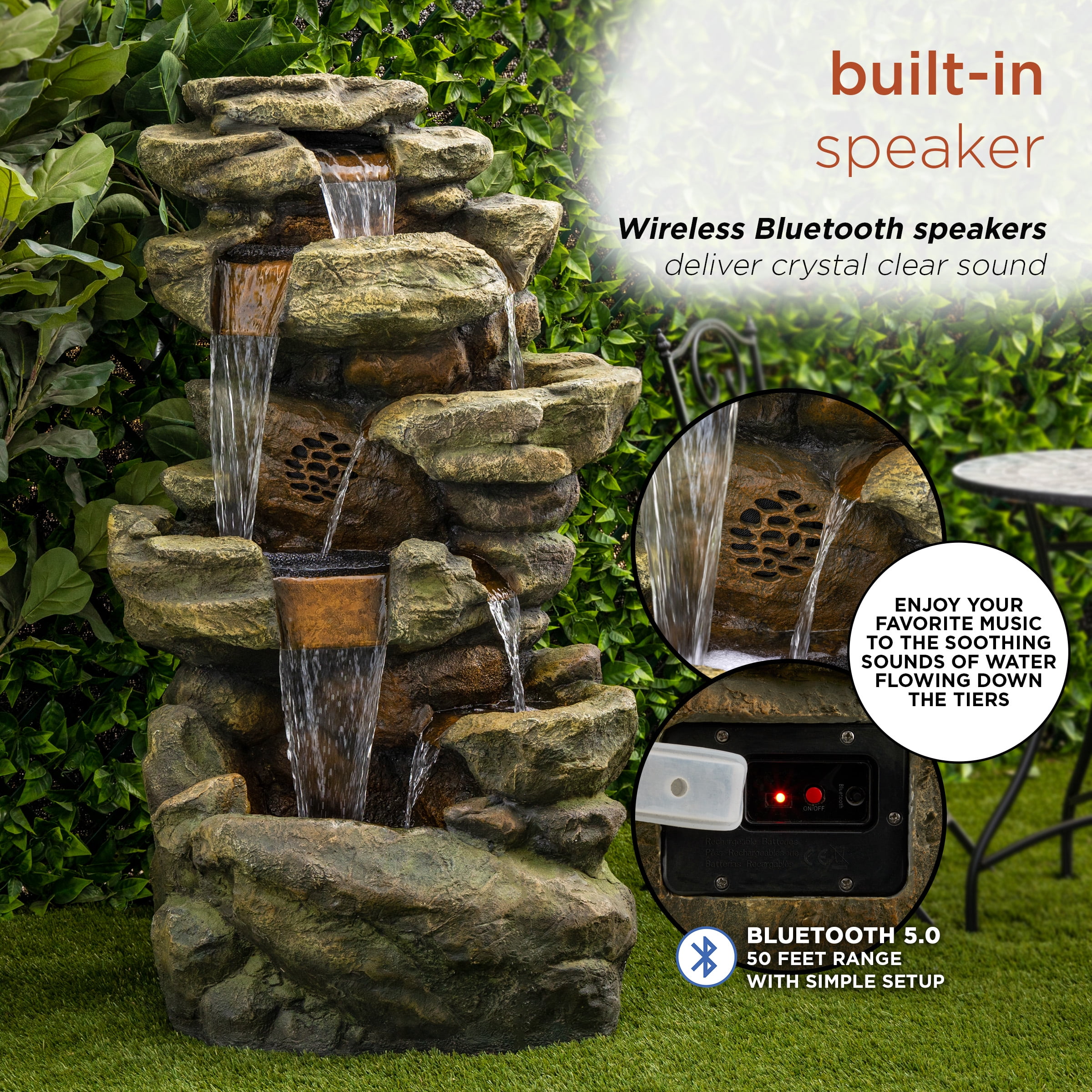 Alpine Corporation 51" Tall Outdoor Rainforest Floor Fountain with LED Lights and Bluetooth Speaker