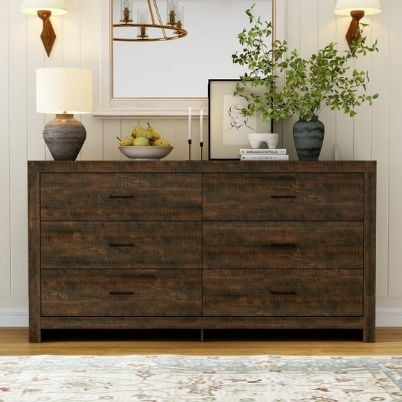 WIAWG 63" Dresser for Bedroom,6 Drawer Dresser, Chest of Drawers, Rustic Drawer Cabinet for Living Room Hallway Office,Brown
