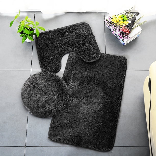 Xiao Hua Juego de 3 alfombrillas de baño, alfombrillas contorneadas y fundas de baño con respaldo de goma, color negro