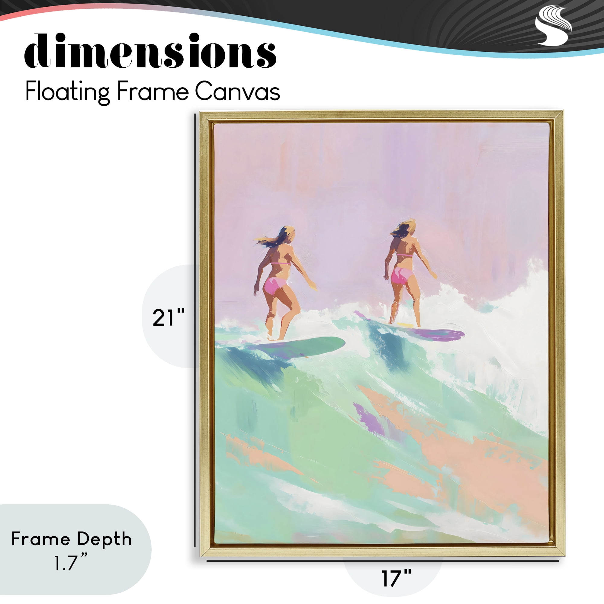 Stupell Industries Two Surfing Girls on Wave Gold Framed Floater Canvas Wall Art, design by The Prints Vibe