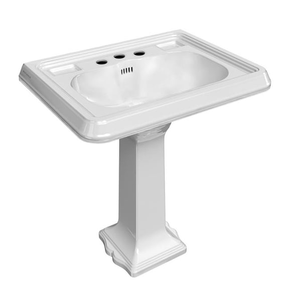 Whitehaus 29" Traditional Pedestal Sink with an Integrated Large Rectangular Bowl, Widespread Faucet Drilling, Dual Soap Ledges, Decorative Trim and Overflow