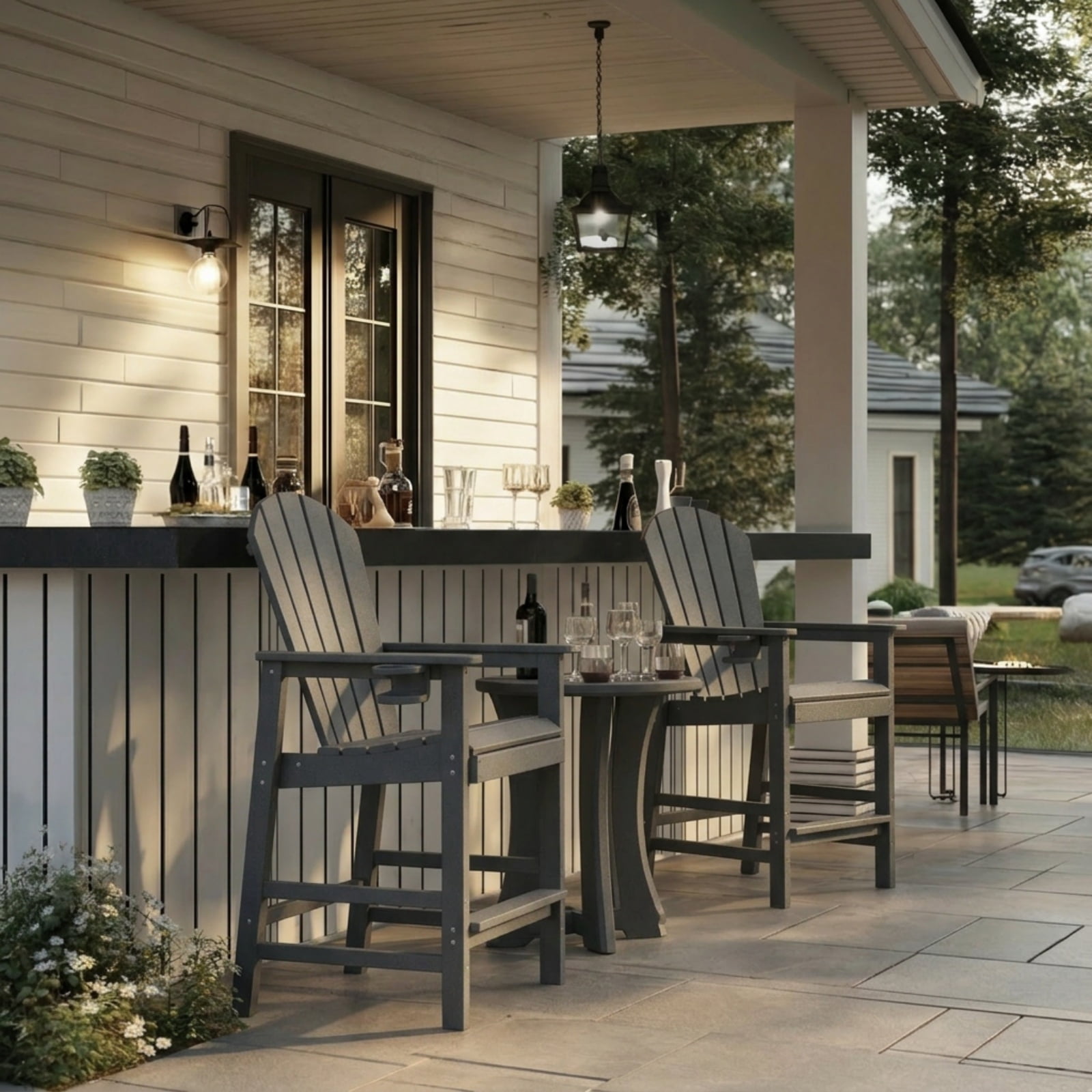 Bar Height Adirondack Chair with Cup Holder, Outdoor Patio HDPE Bar Chair with Armrests, Ergonomic High Back Chair for Deck, Porch, Backyard
