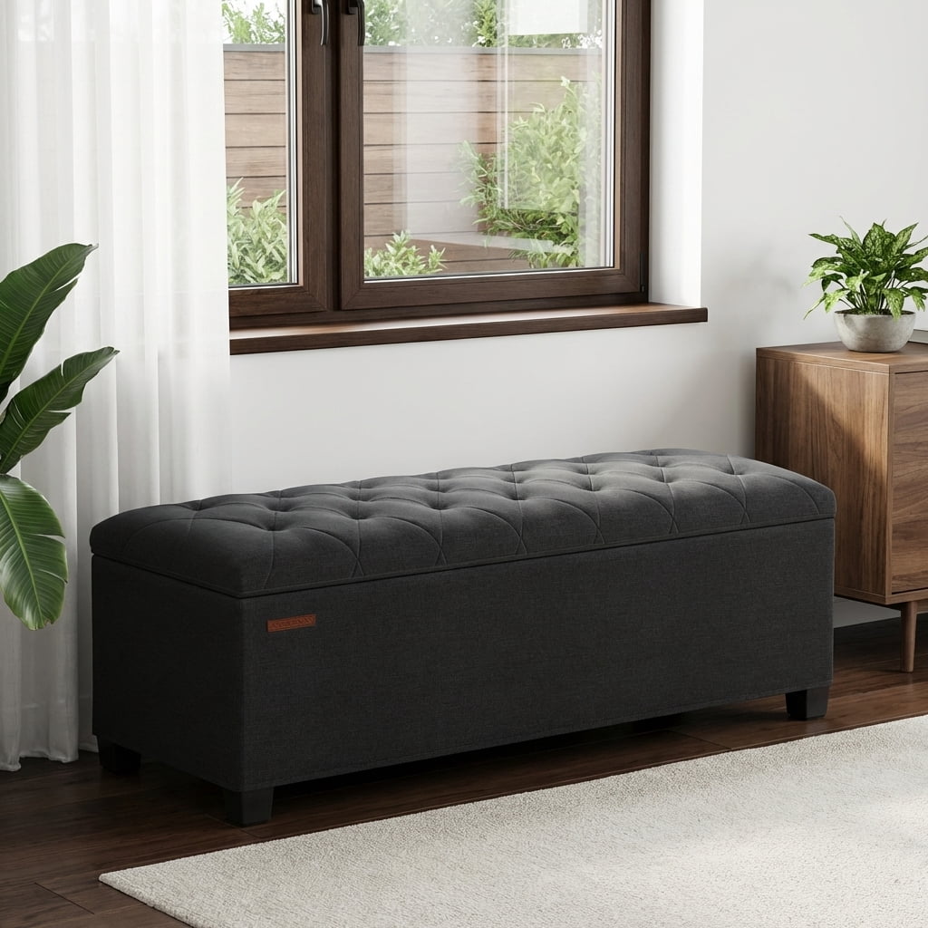 LEDREM Storage Ottoman Bench, 43" End of Bed Bench with Removable Cover, 660lb Capacity, for Living Room, Bedroom, Ink Black