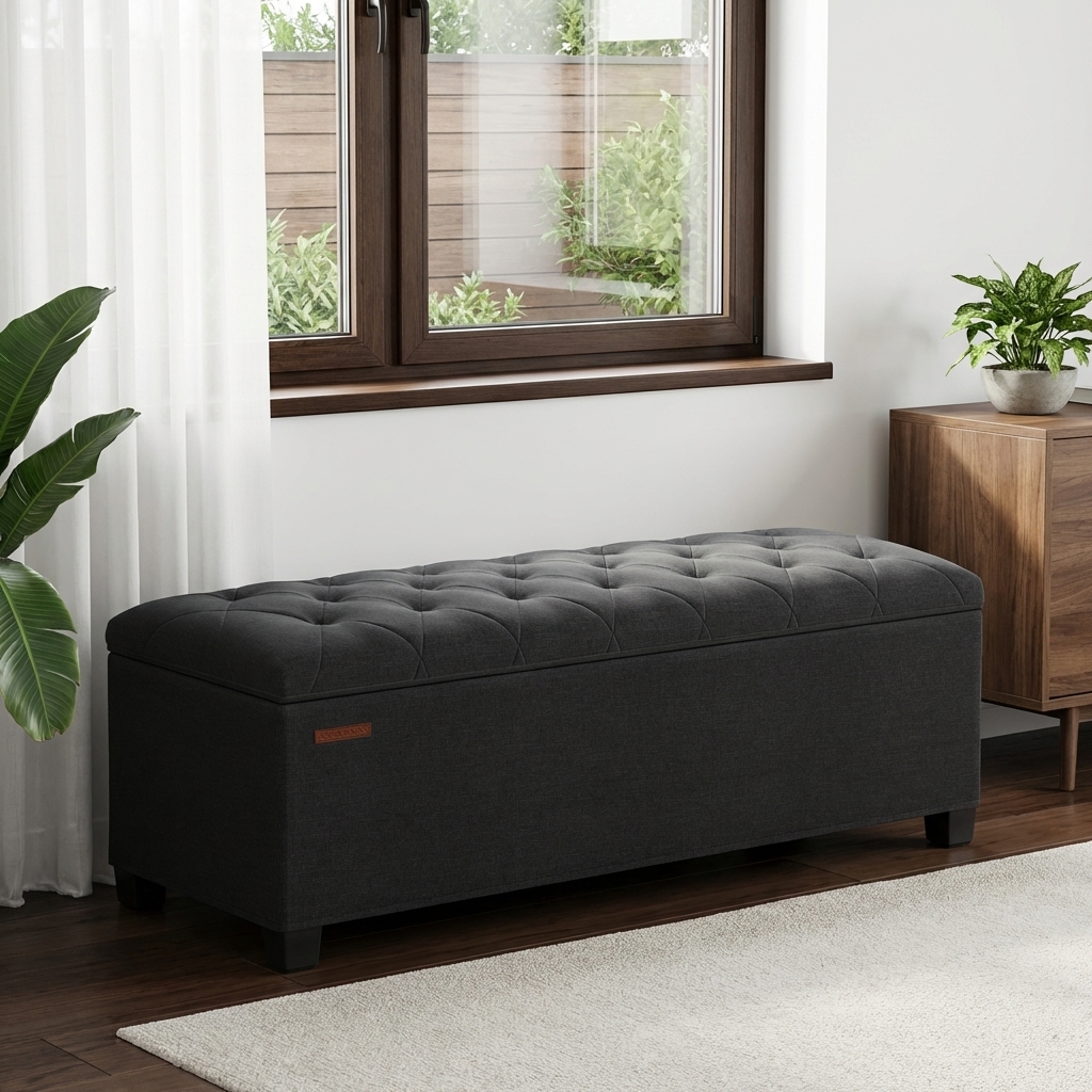 Ledrem 43" Storage Ottoman Bench with Removable Cover, Black photo 8