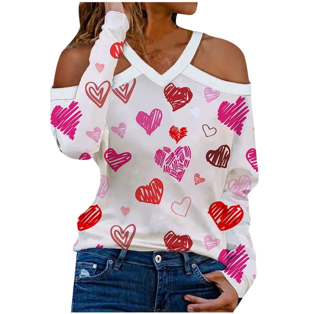Blusa de moda para mujer, camisetas de cobertura con cuello en V de manga larga, camisetas sueltas informales con estampado de corazones Pompotops FGAJ13225