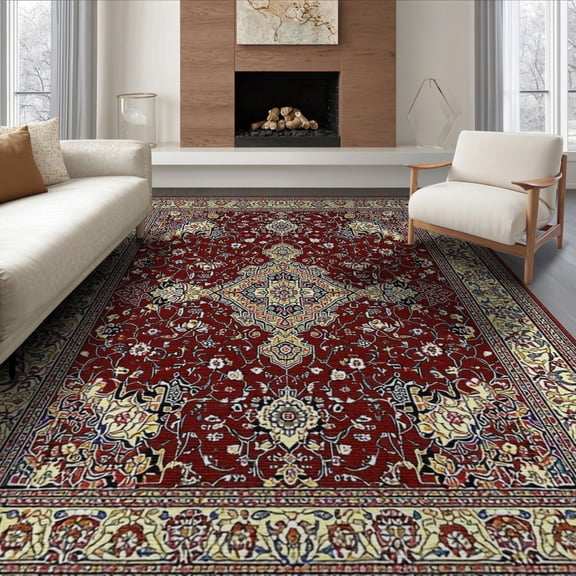 ODIKA 8'x10' Washable Area Rug Red Vintage Oriental Burgundy Floral Intricate Medallion with Scrolls for Dining Room, Large Office, Lounge, Non-Slip Chair-Friendly Mat