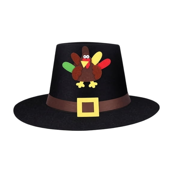 JULMCOMO Thanksgiving Pilgrim Hat for Men Women Felt Funny Holiday Party Top Hat with Turkey Applique Novelty Costume Headwear A