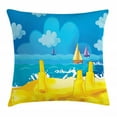 thumbnail image 1 of Wave Throw Pillow Cushion Cover, Cartoon Scene with Sandy Beach Sandcastles Playground Boats and Cloudy Sky Print, Decorative Square Accent Pillow Case, 24" X 24", Mustard Sky Blue, by Ambesonne, 1 of 2