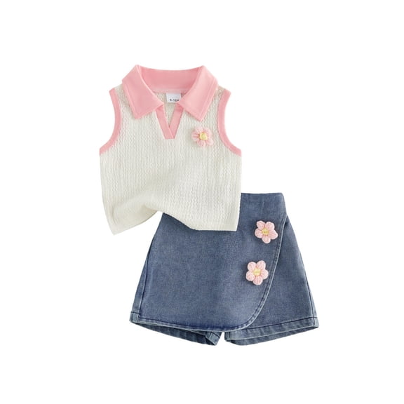 BemeyourBBs Toddler Baby Girl Summer Clothes Kids Baby Girl 2 Piece Cherry Denim Outfits Cherry Decor Lapel V-Neck Tank Vest Tops Jeans Denim Shorts Skirt Skorts Set