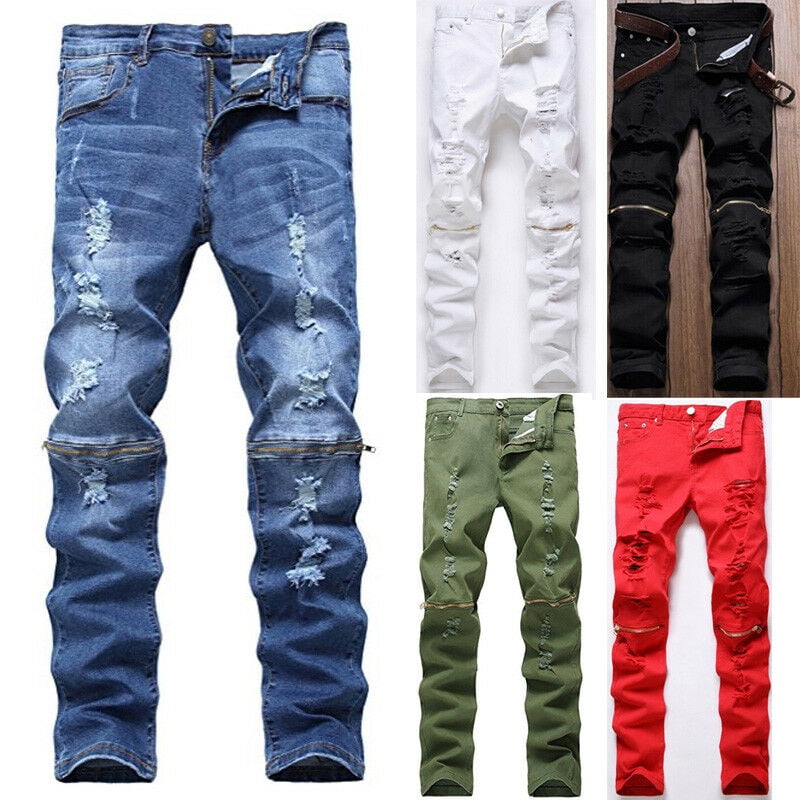 iMakcc Mens Stretchy Ripped Skinny Feet Jeans Destroyed Taped Slim Fit Denim Pants
