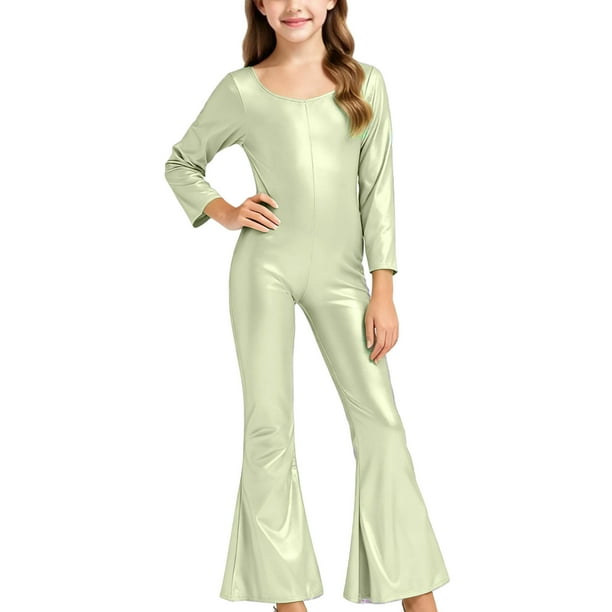Mono para niños de color sólido con lentejuelas elegantes para fiestas de baile, actuaciones escolares, mangas largas, cuello redondo, pantalones acampanados, ropa combinada para fiestas y festivales,